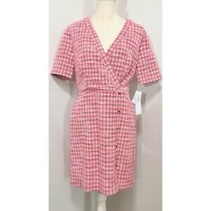 NEW London Times Short Sleeve Bouclé Faux-Wrap Dress Executive Houndstooth Sz 6